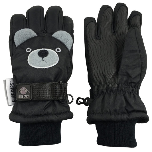 N'Ice Caps Kids Waterproof Snow Gloves Cute Animals Winter Warm Thinsulate (Puppy Black, 5-6 Years)