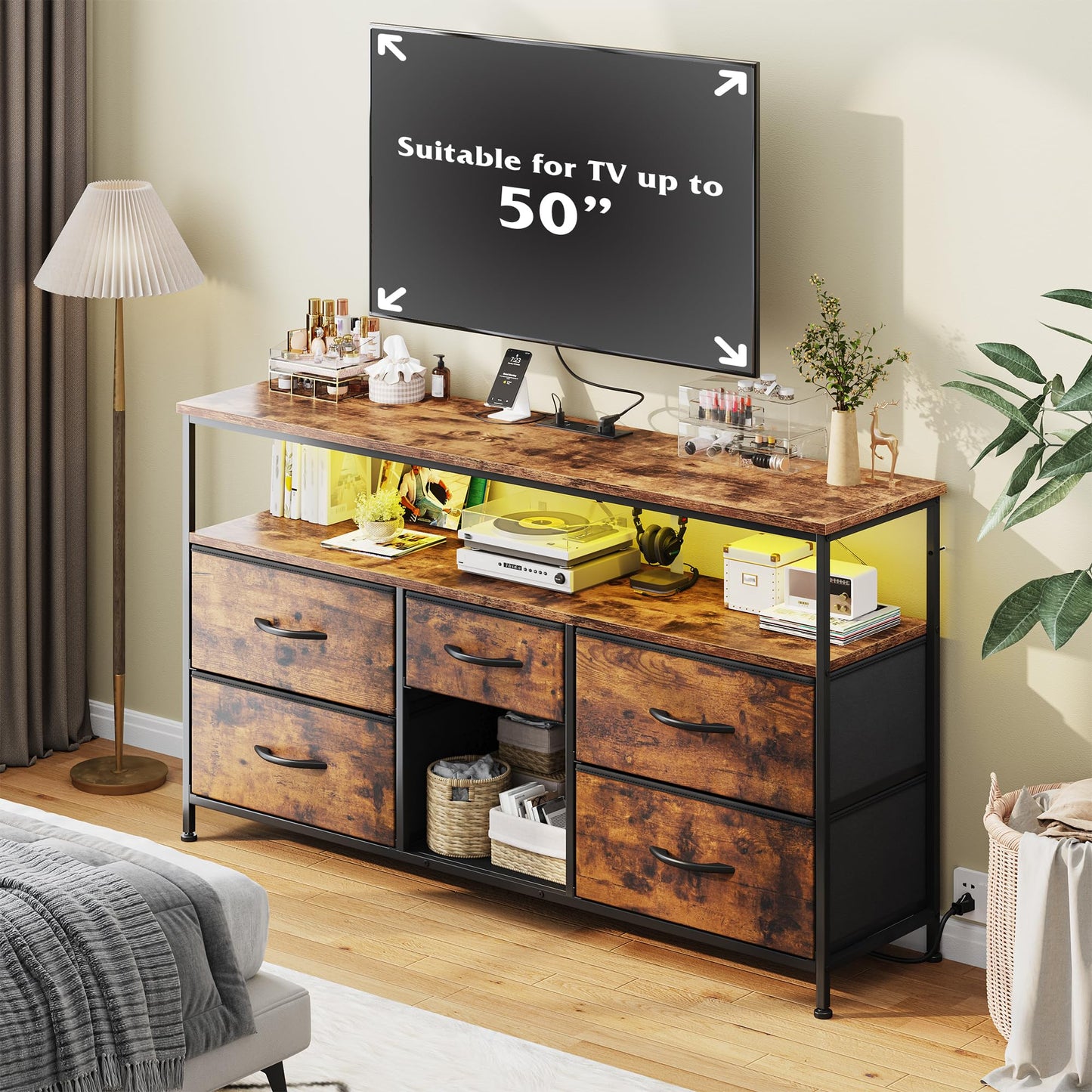 TV Stand Dresser with LED Lights & Power Outlets, Entertainment Center for 50" Inch TV, 5 Drawers TV Stand for Bedroom Dresser with Shelves for Living Room, Sturdy Metal Frame, Rustic Brown