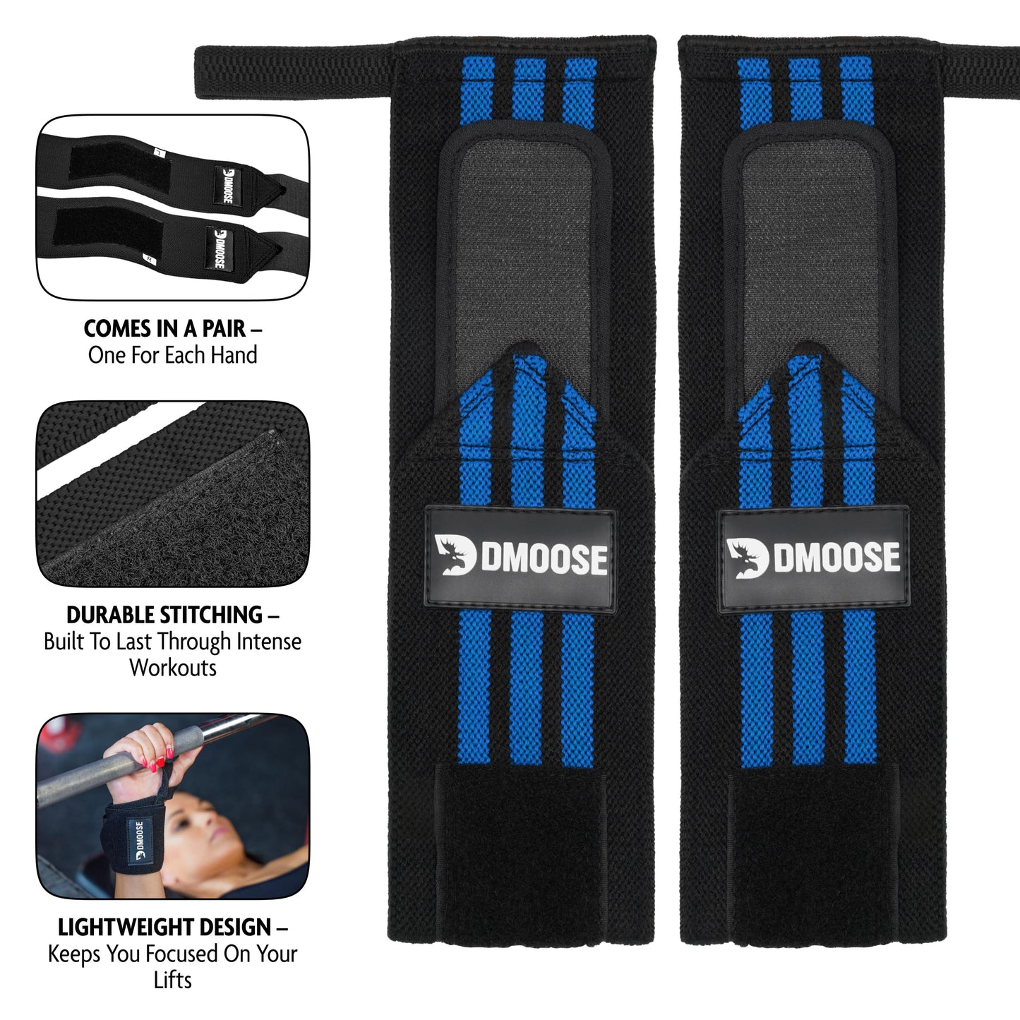 DMoose Weightlifting Wrist wrap 12 and 18 Inches Thumb Loops with Wrist Support for Workouts Powerlifting Wrist Straps for Weight Lifting Men and Women Blue Stripes