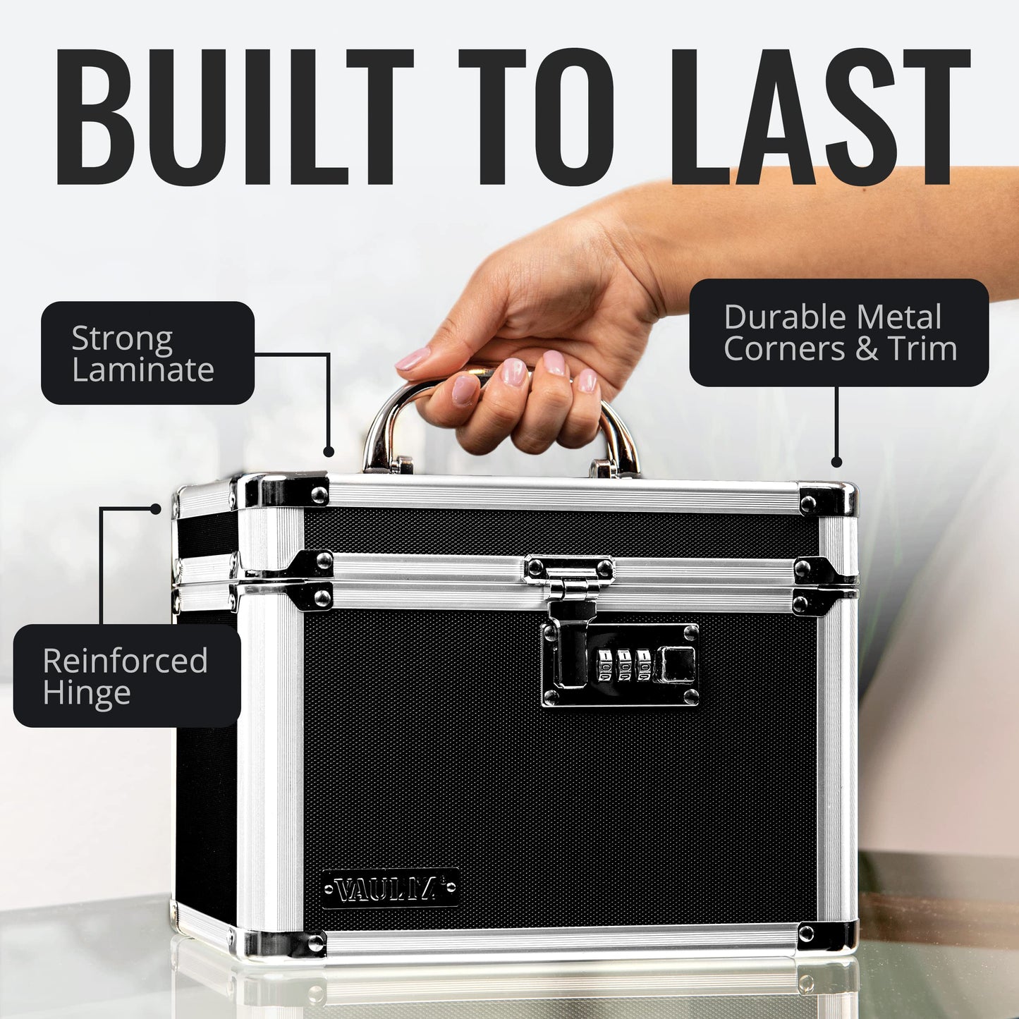 Vaultz Secure Security Lock Boxes - Safe Combination Lock Box, Storage for Documents, Valuables, Medicine & Money - 9.88 x 7.75 x 7 Inch - Black/Chrome