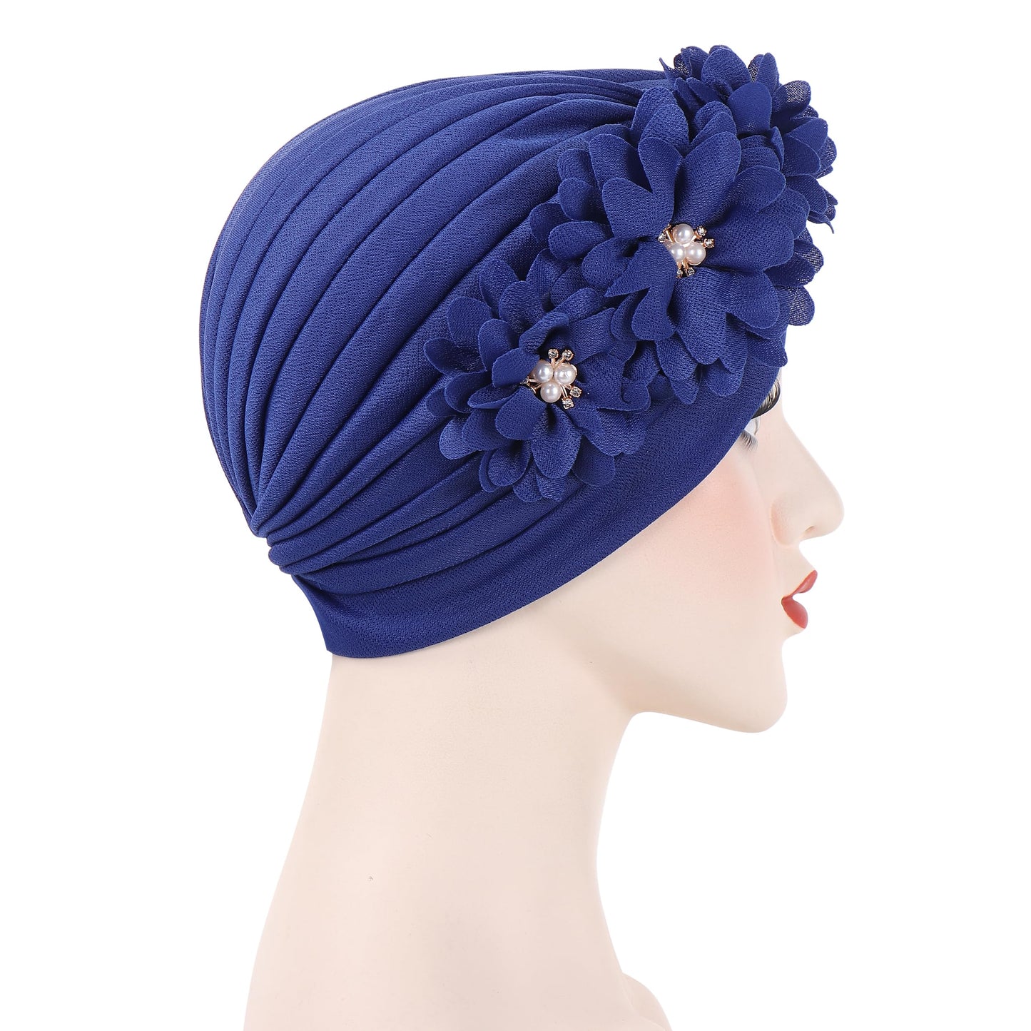 YYAOJHAO Women Flower Turban hats - Ruffle Pre tied Headwrap Caps Chemo Beanies Hijab Headscarf for Cancer Patient Hair Loss (Polyester, Blue)