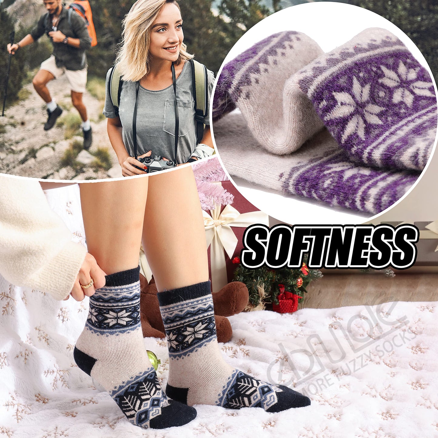EBMORE Womens Wool Socks Thermal Hiking Winter Boot Warm Thick Cozy Crew Comfy Work Socks for Ladies 12 Pairs(Snowflake & Heart)