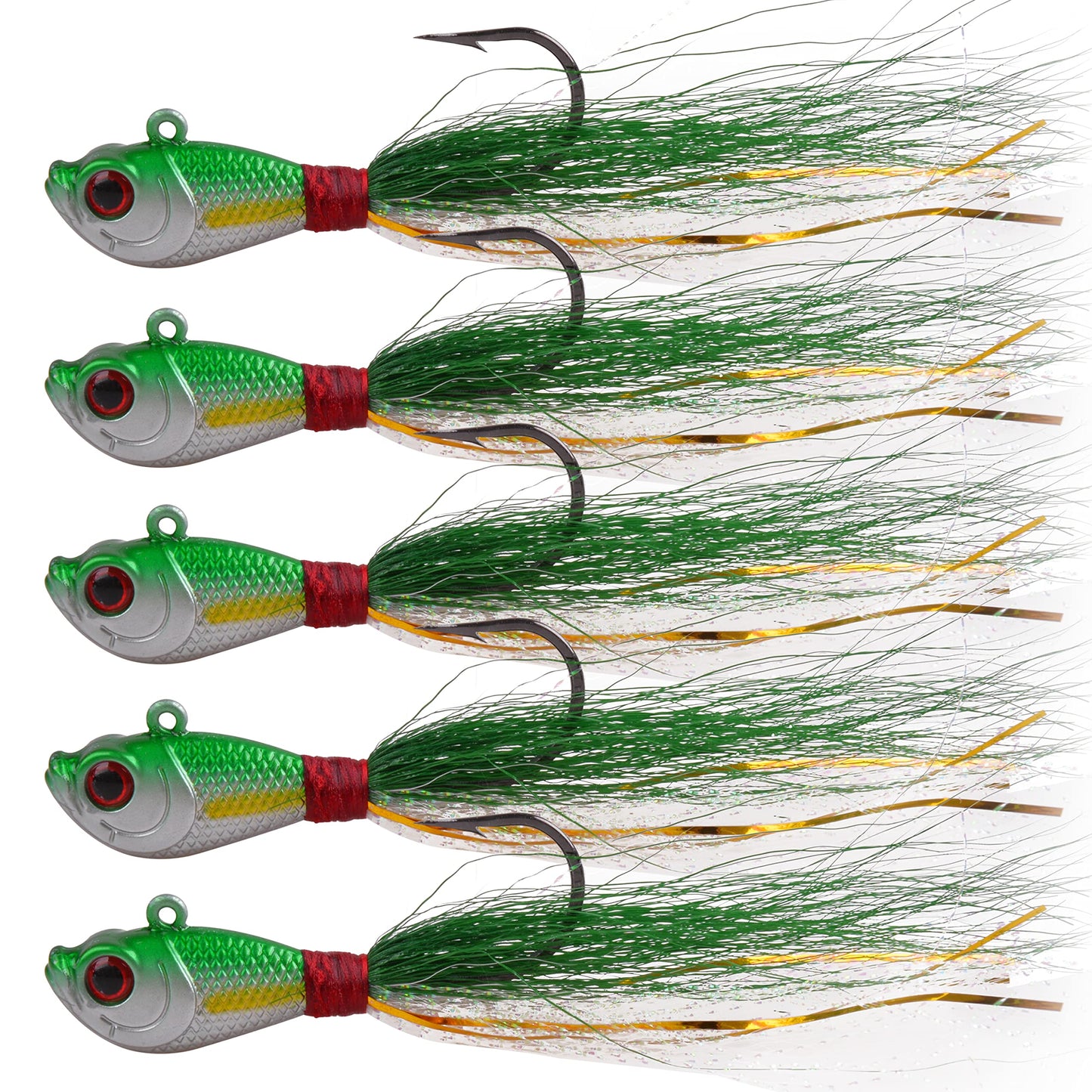 Bucktail Jigs Saltwater Hair Jig Lures, 5pcs Bucktail Jigs Fishing Lures Surf Fishing Jig Head Swimbait Jig Hook for Bass Flounder Striper 1/4oz 1/2oz 1oz 1.5oz