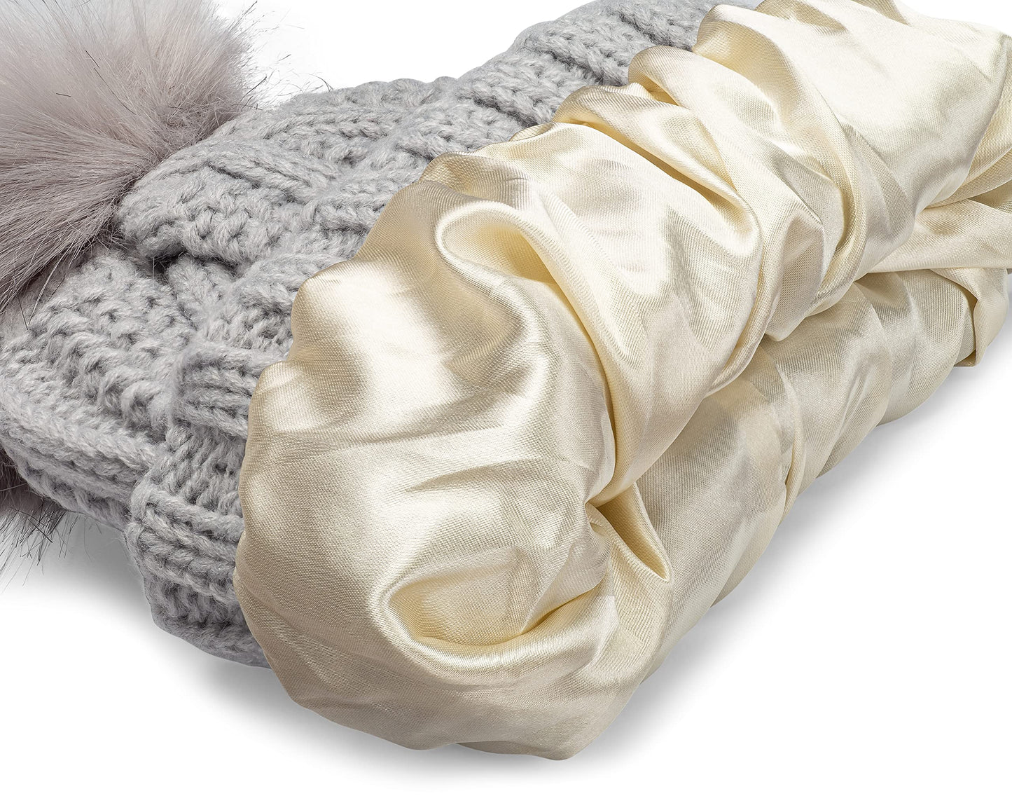Curly Girl Satin Lined Womens Winter Knitted Beanie Hat, Knit Cap Beanie, Curly Hair, Method (Grey)