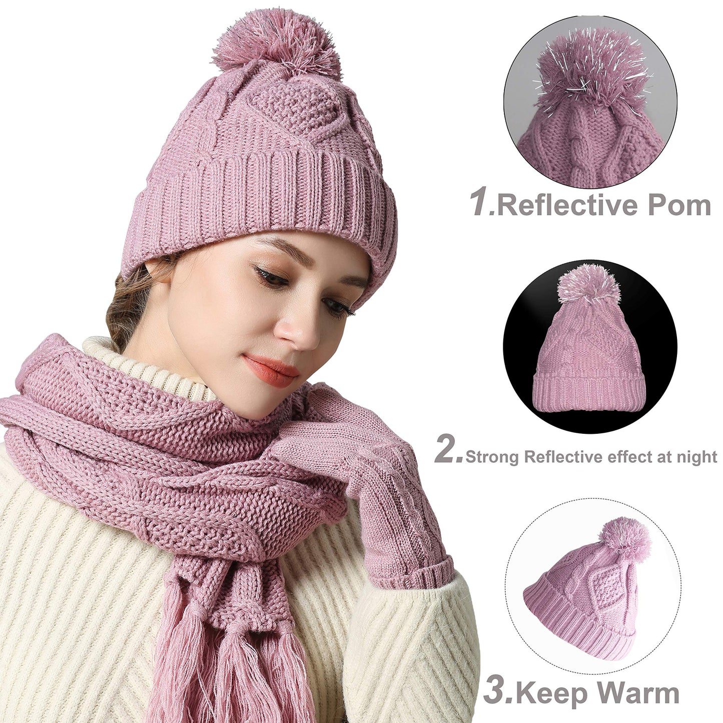 Winter Hat Gloves Scarf Set for Women, Cable Knit Beanie Pom Cap Touch Screen Glove Long Scarf 3PCS Winter Gift for Women Men