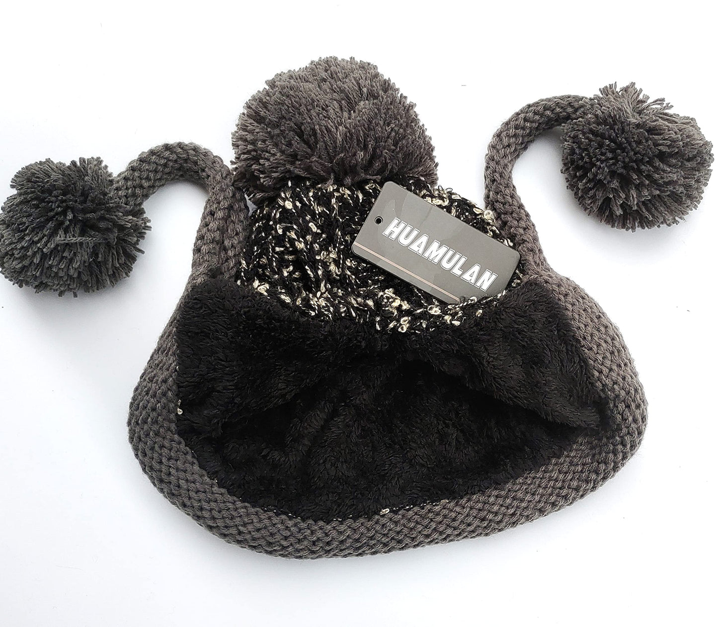 HUAMULAN Women Winter Knit Ear Flaps Beanie Hats Sherpa Peruvian Cover Ears Warm Fleece Lined Fluffy Ski Snow Hat 3 Pompoms