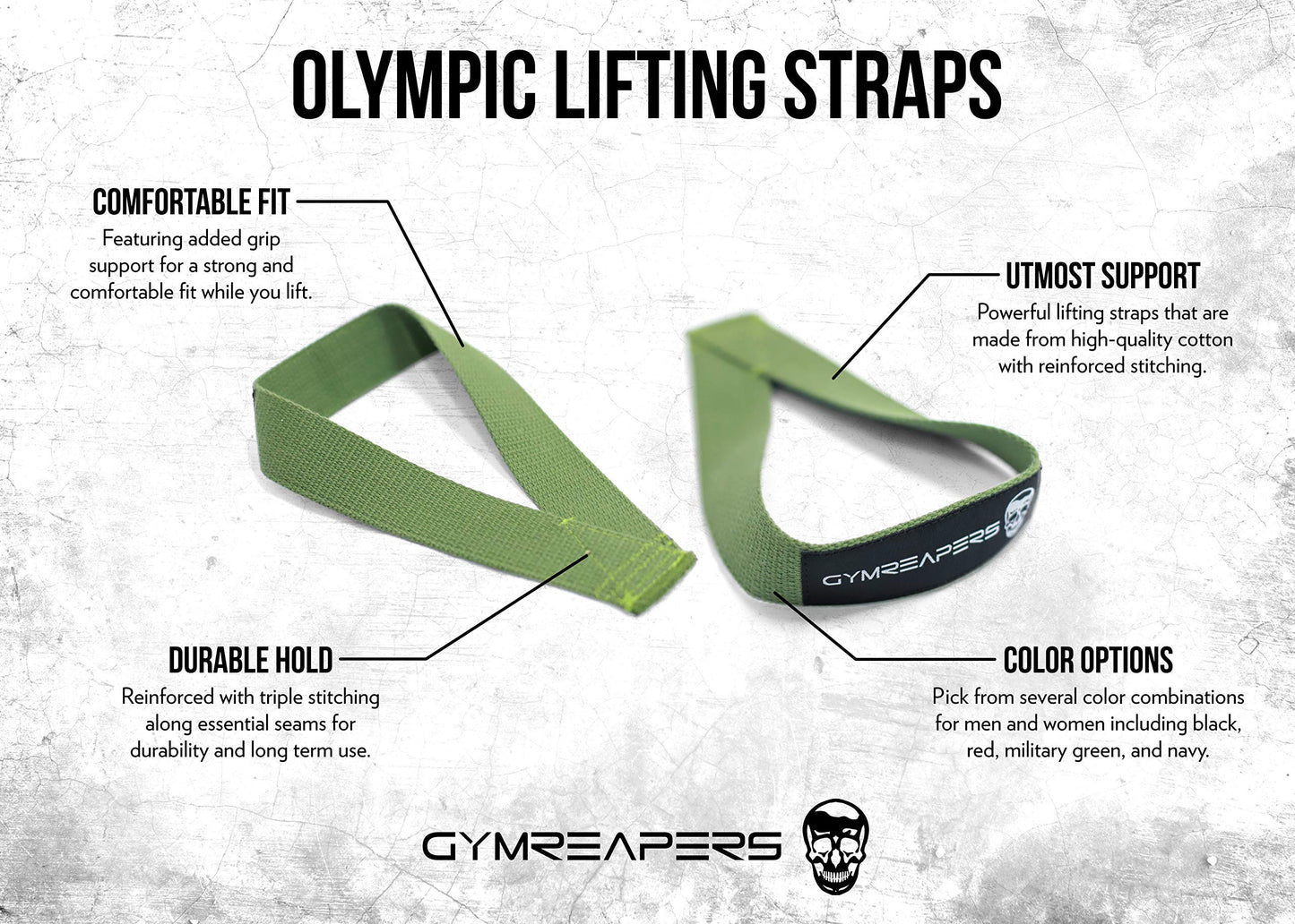 Gymreapers Olympic Lifting Straps for Weightlifting, Snatch, Clean, Powerlifting, Strongman, Deadlifts - Durable Cotton with Reinforced Stitching (Pair) (Military Green)
