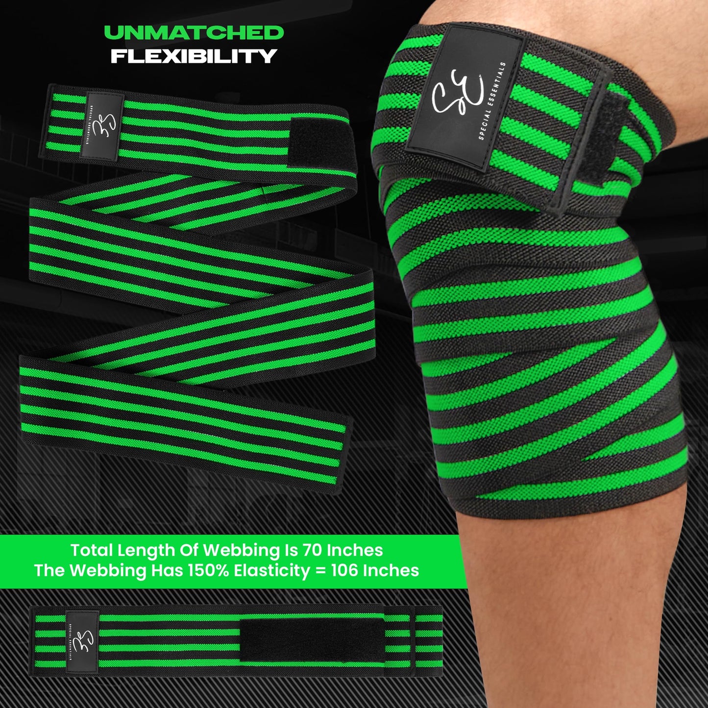 Special Essentials Knee Wraps for Weightlifting with Strap (2 Pack) - 72 Inches Flexible Support for Men & Women, for Powerlifting, Squats, Leg Press, and Cross Training