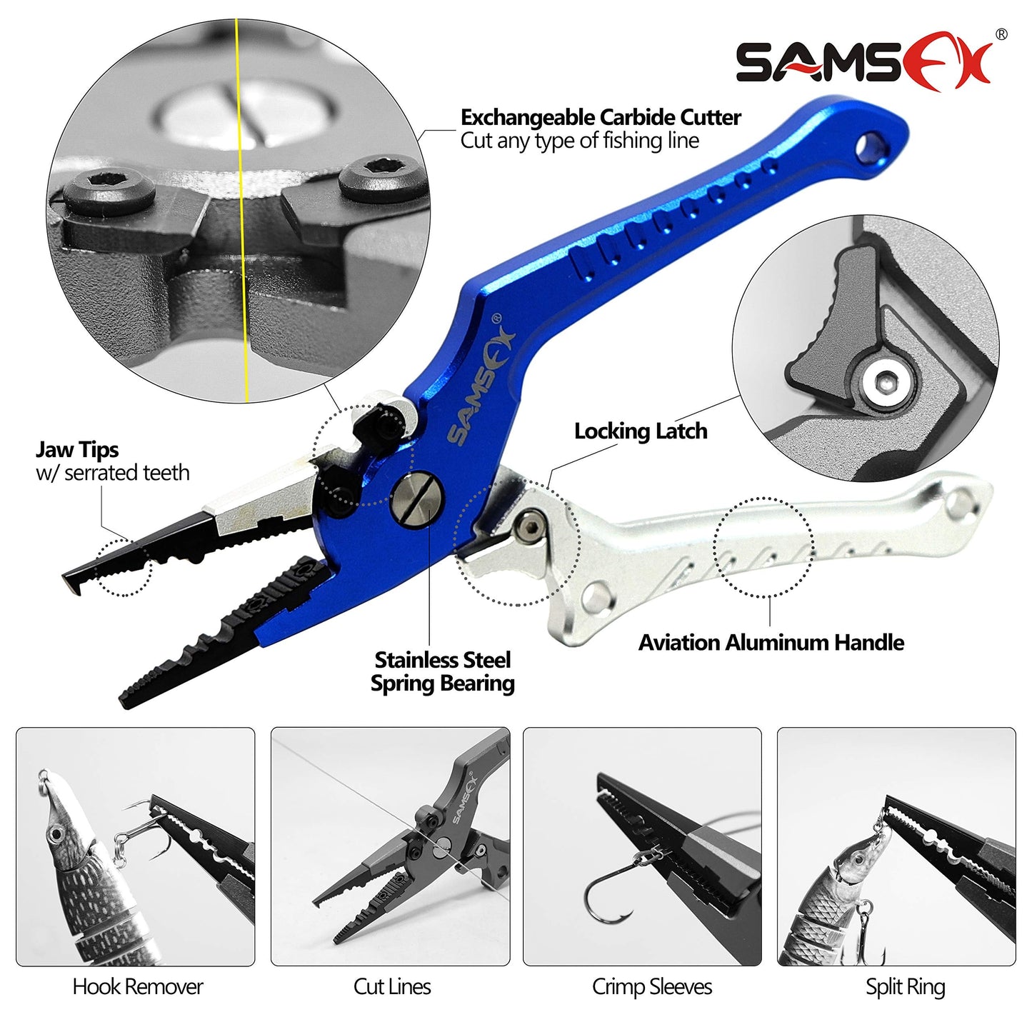 SAMSFX Aluminum Fishing Pliers Hook Remover Braid Line Cutter with Coiled Lanyard, Fly Fishing Knot Tying Tool & Retractors (Silver & Blue Handle, Split Ring Nose)