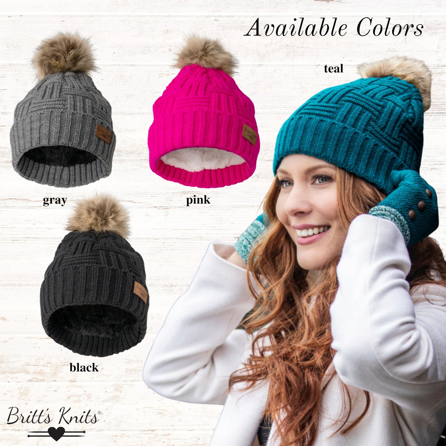 Britt's Knits Women's Plush-Lined Knit Hat with Pom, Charcoal, One Size