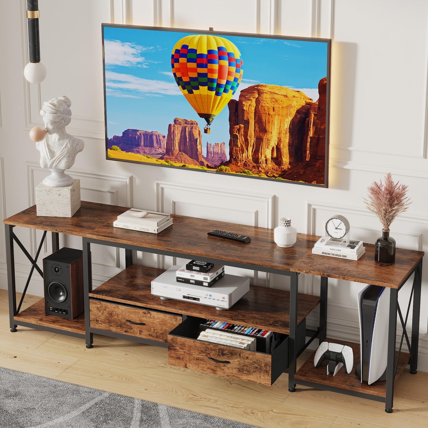 GYIIYUO TV Stand with Fabric Drawer - Entertainment Center and Industrial TV Console Table with Open Storage Shelves for Living Room, Bedroom - 55.1" Rustic Brown