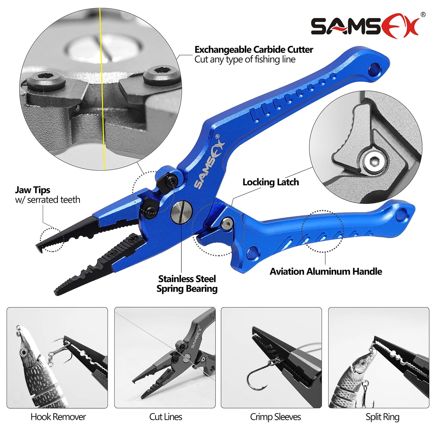 SAMSFX Aluminum Fishing Pliers Hook Remover Braid Line Cutter with Coiled Lanyard, Fly Fishing Knot Tying Tool & Retractors (Blue Handle, Split Ring Nose)