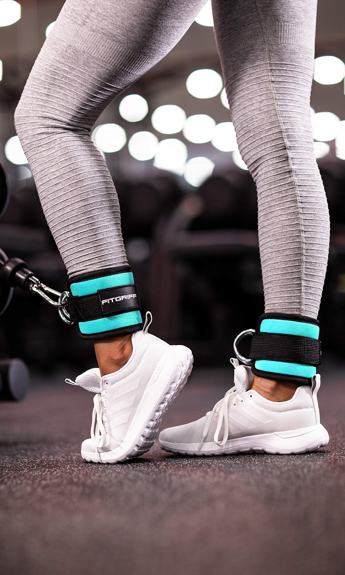 Fitgriff® Ankle Straps V1 for Cable Machine (2 Pieces) - Gym Workout Equipment - Leg Pulley Attachment, Kickback Straps (Cyan)