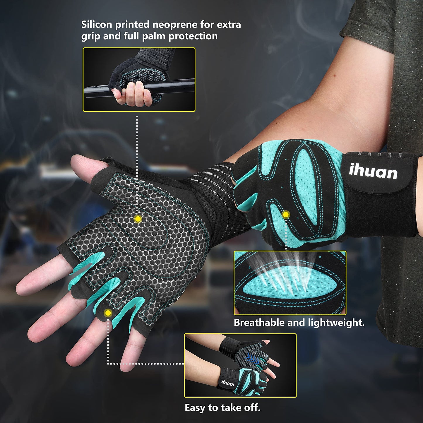 ihuan Ventilated Weight Lifting Gym Workout Gloves Full Finger with Wrist Wrap Support for Men & Women, Full Palm Protection, for Weightlifting, Training, Fitness, Hanging, Pull ups