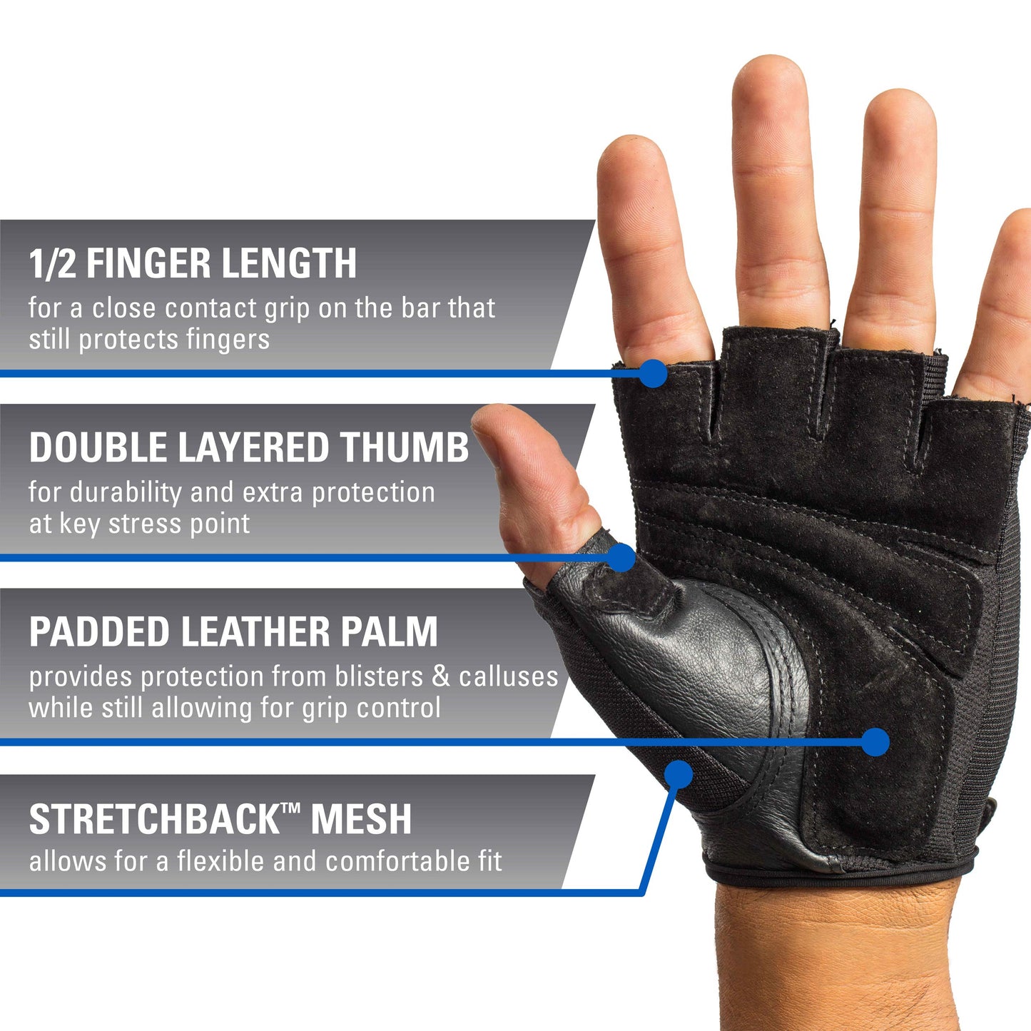 Harbinger Power Non-Wristwrap Workout Weightlifting Gloves with StretchBack Mesh and Leather Palm (Pair) Black Medium (Fits 7.5 - 8 Inches)