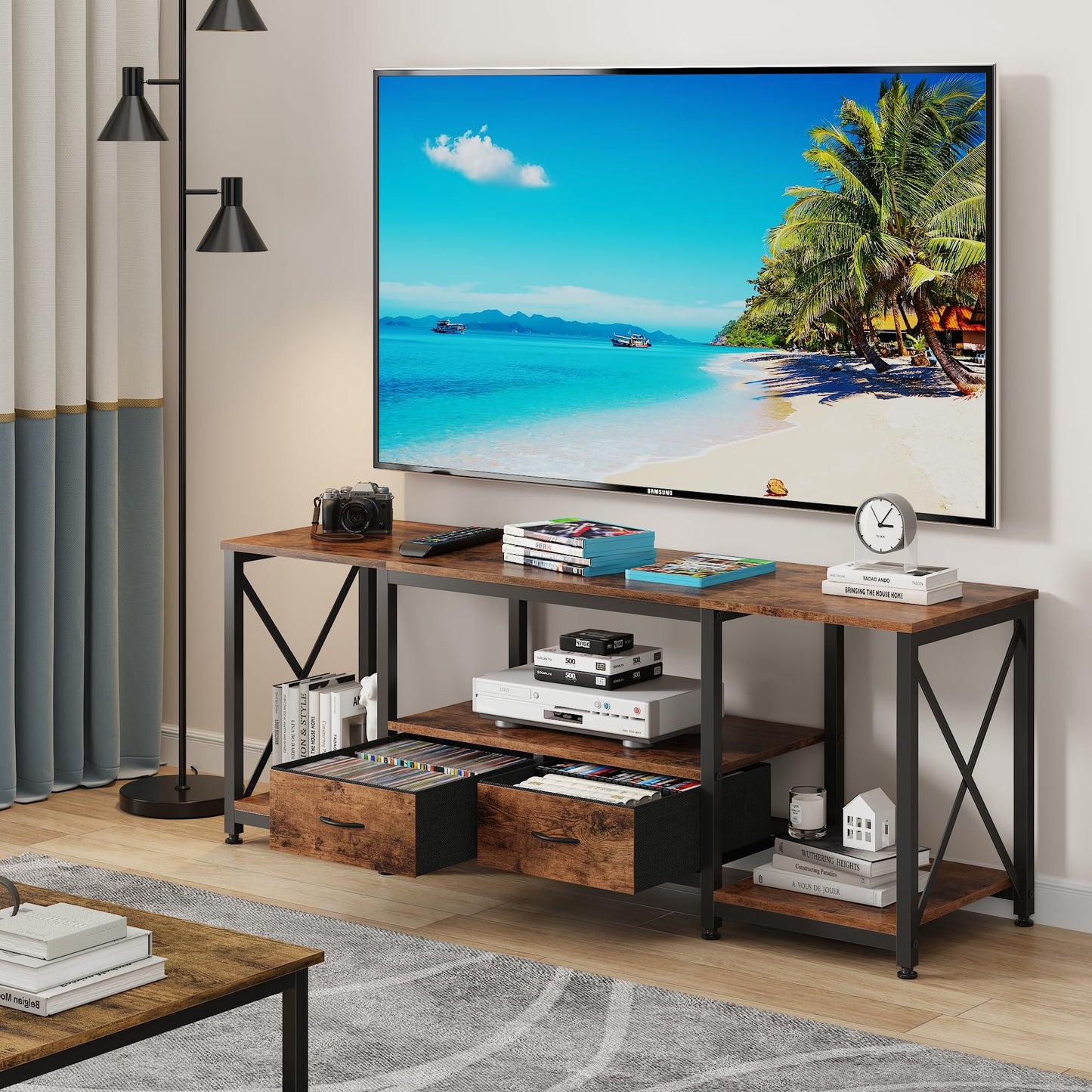 GYIIYUO TV Stand with Fabric Drawer - Entertainment Center and Industrial TV Console Table with Open Storage Shelves for Living Room, Bedroom - 55.1" Rustic Brown