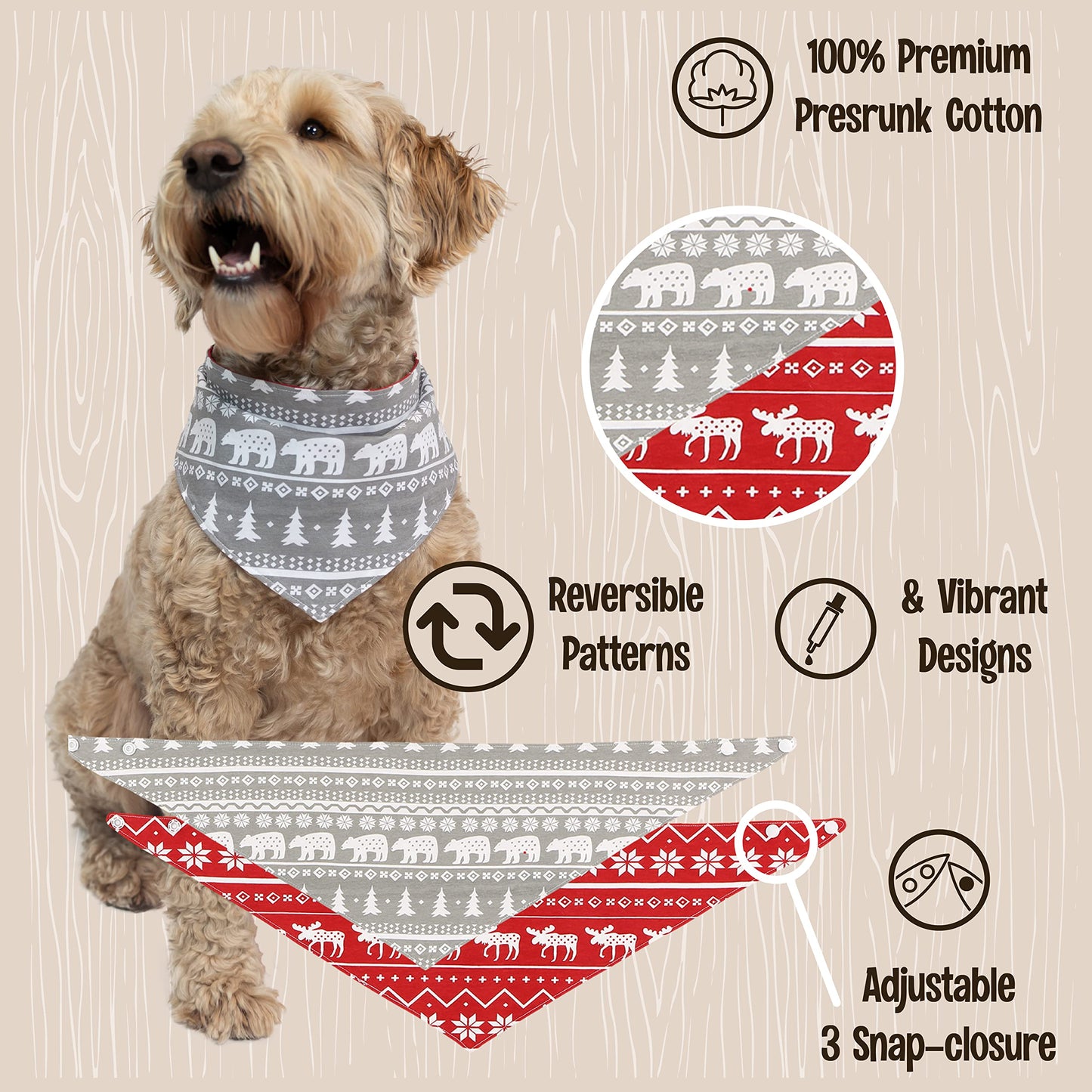 Lazy One Reversible Dog Bandana, Cute Accessories for Pets, Moose, Bear, Winter (Medium/Large, Nordic Dog)