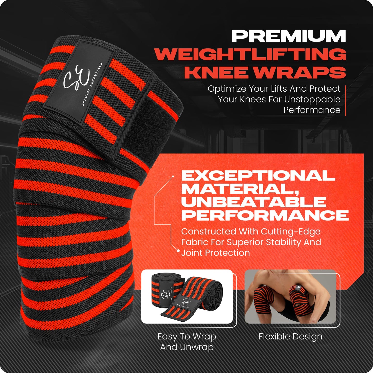 Special Essentials Knee Wraps for Weightlifting with Strap (2 Pack) - 72 Inches Flexible Support for Men & Women, for Powerlifting, Squats, Leg Press, and Cross Training