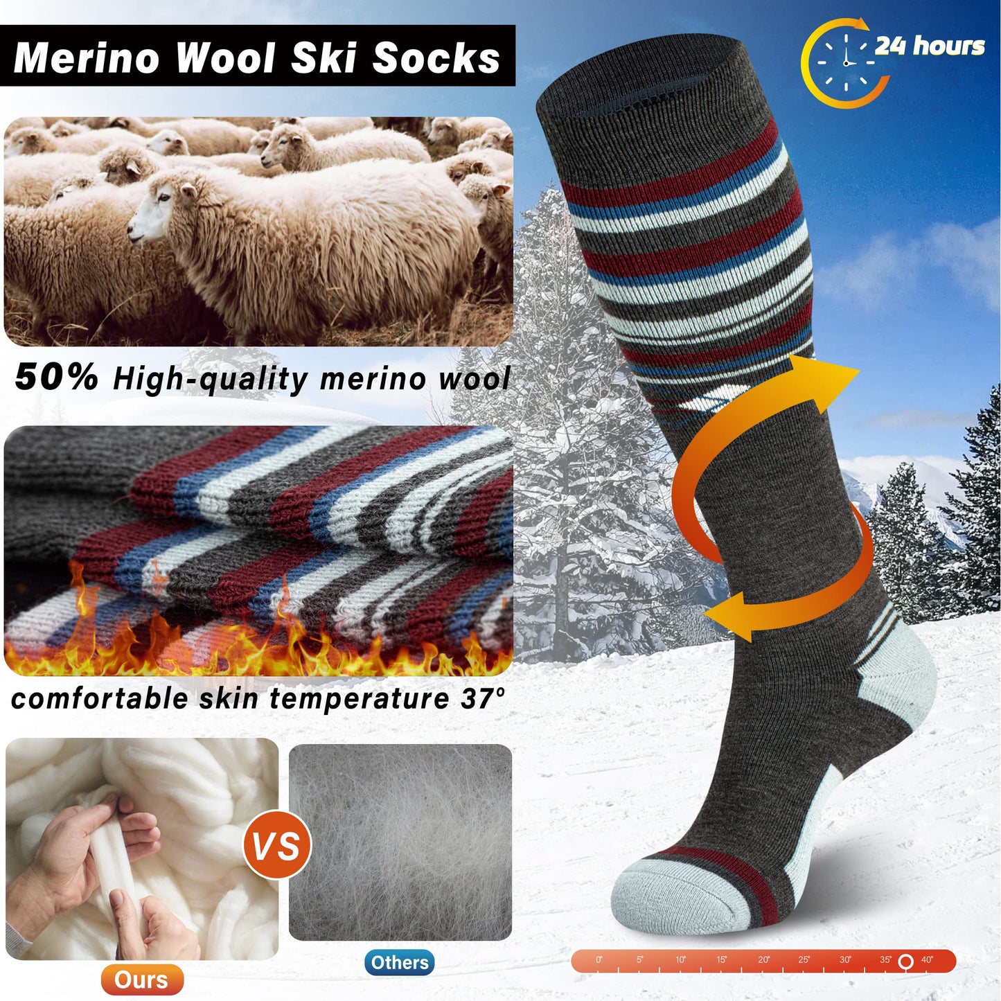 Ski Socks 50% Merino Wool Thermal Knee High Winter Snowboard Sport Socks Men Women