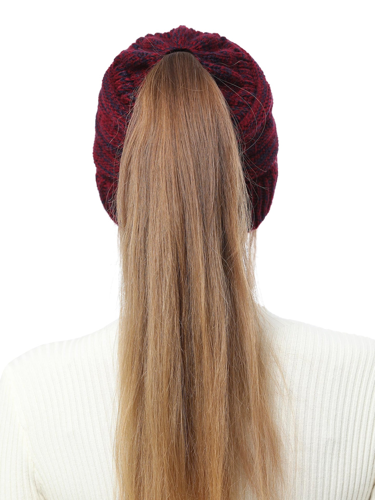 Soul Young Ponytail Messy Bun Beanie Tail Knit Hole Soft Stretch Cable Winter Hat for Women(One Size,Burgendy)