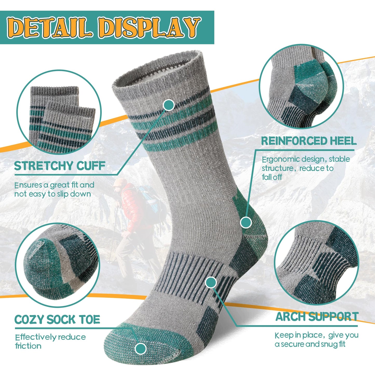 SeeyAN Merino Wool Hiking Socks Womens Mens Thermal Winter Boot Thick Cushion Warm Crew Socks 3 Pairs (Blue/Black/Green#S, Medium)