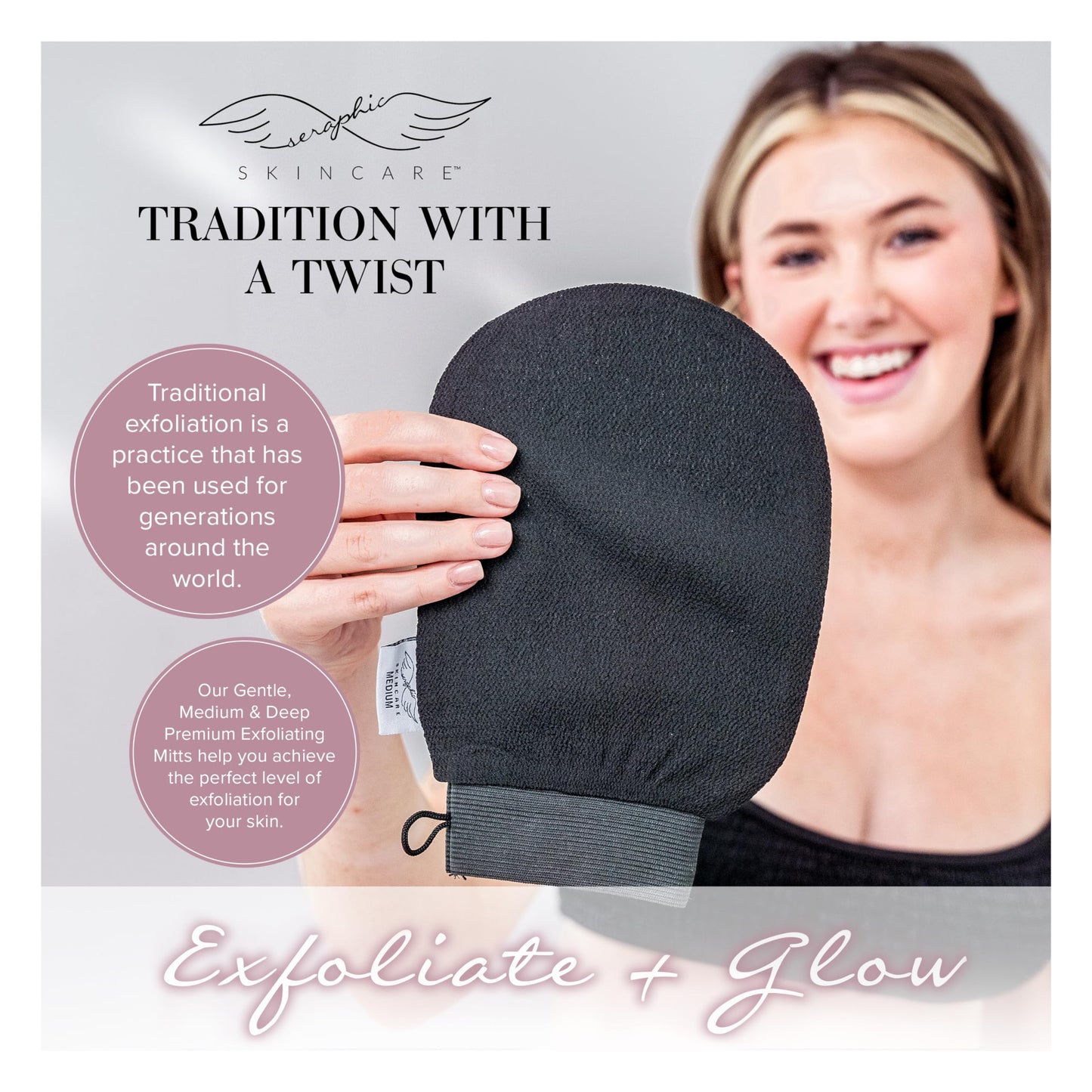 Seraphic Skincare Premium Exfoliating Mitt for Body, Medium – Viscose Fiber Korean Exfoliating Glove for Normal to Dry Skin – Body Exfoliator for Self-Tan Removal and Application