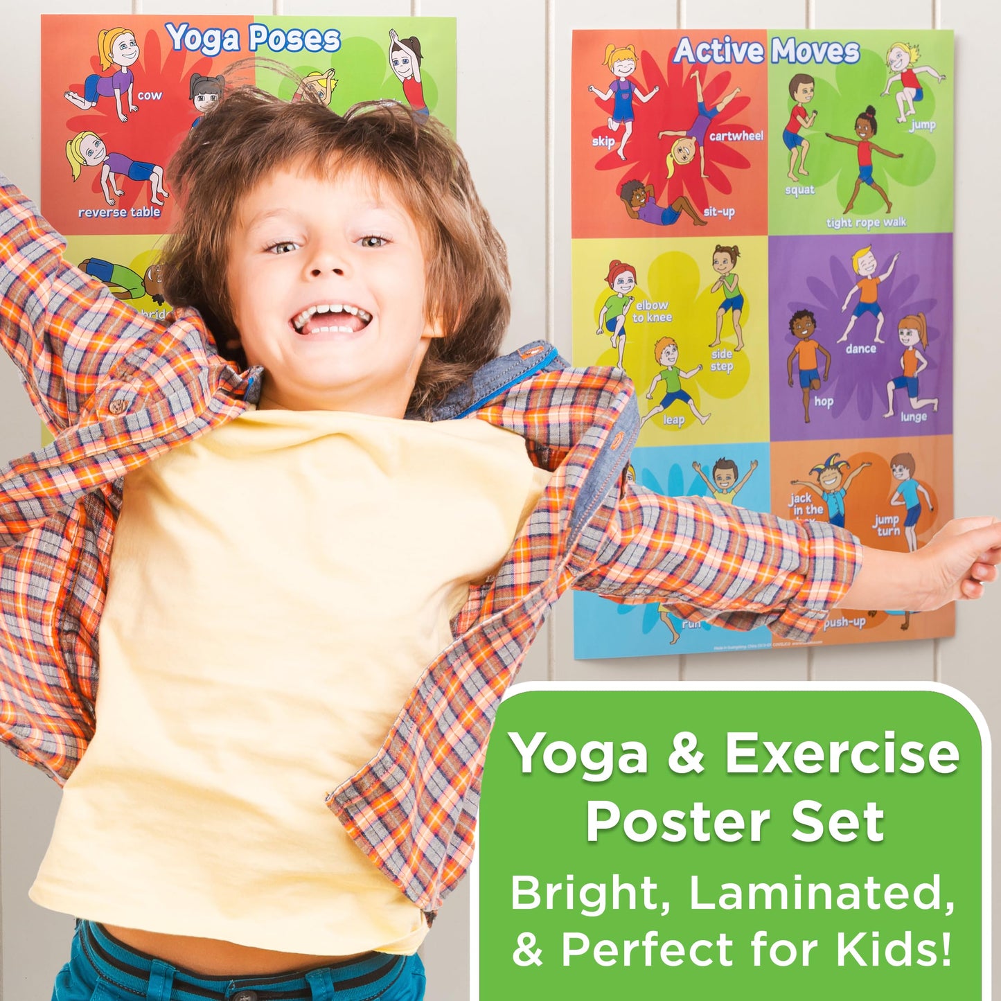 Covelico Kids Yoga Poses Poster and Exercise PE Posters - Set of 2 x A3 Laminated Physical Therapy Posters. Vibrant Physical Education Classroom Decor and Essential PE Teacher Supplies for PE Class.