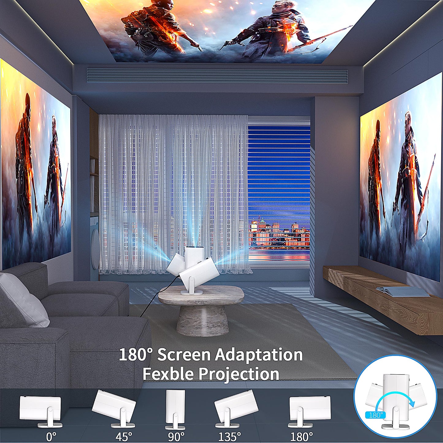 Mini Projector, Portable Outdoor Projector 4K Supported, Short Throw Movie Projector Compatible with Smartphone, TV Stick, Laptop, Game Consoles