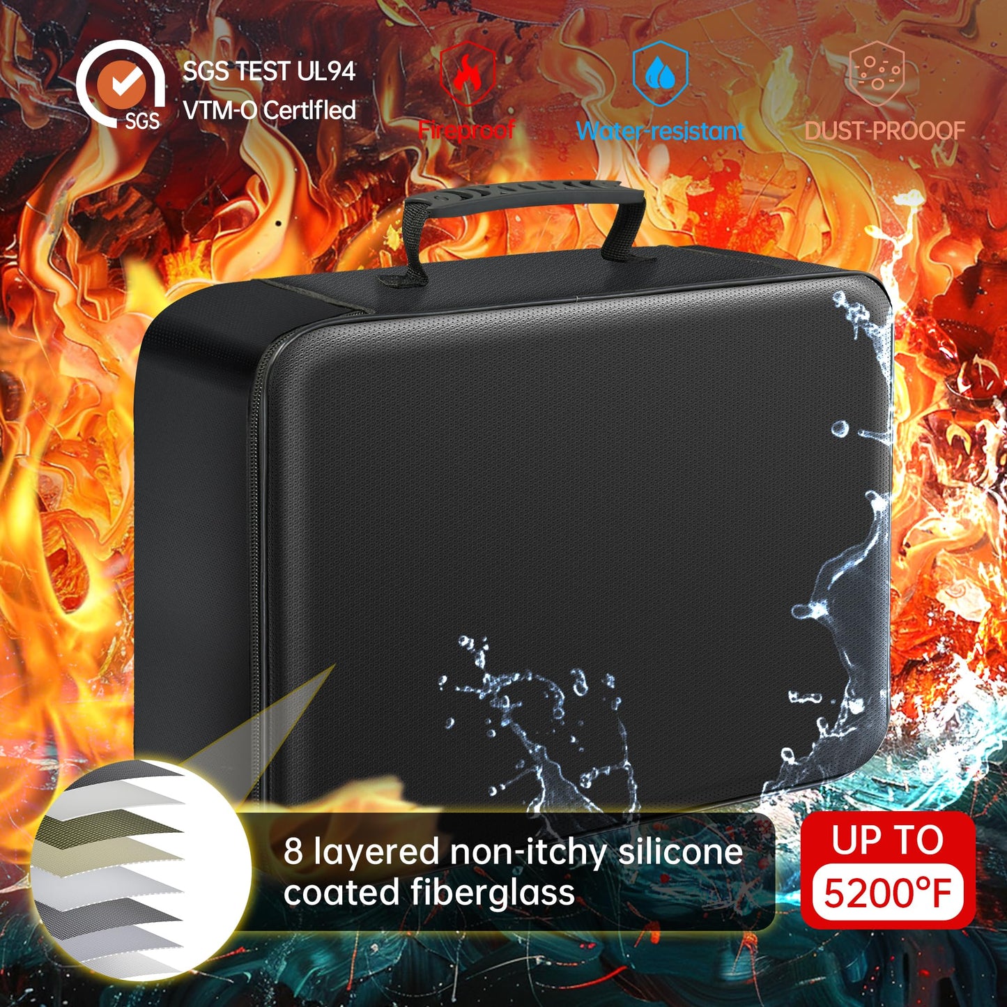 GIANTLUMl 5200°F Document Organizer with Lock,Upgraded Heat Insulated Fireproof＆Waterproof Box 8 Layers File Organizer,Portable Home Office Safe Storage for Important Documents,Safe Box,Fireproof Bag
