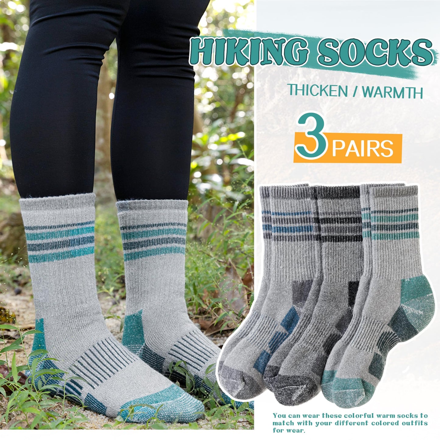 SeeyAN Merino Wool Hiking Socks Womens Mens Thermal Winter Boot Thick Cushion Warm Crew Socks 3 Pairs (Blue/Black/Green#S, Medium)