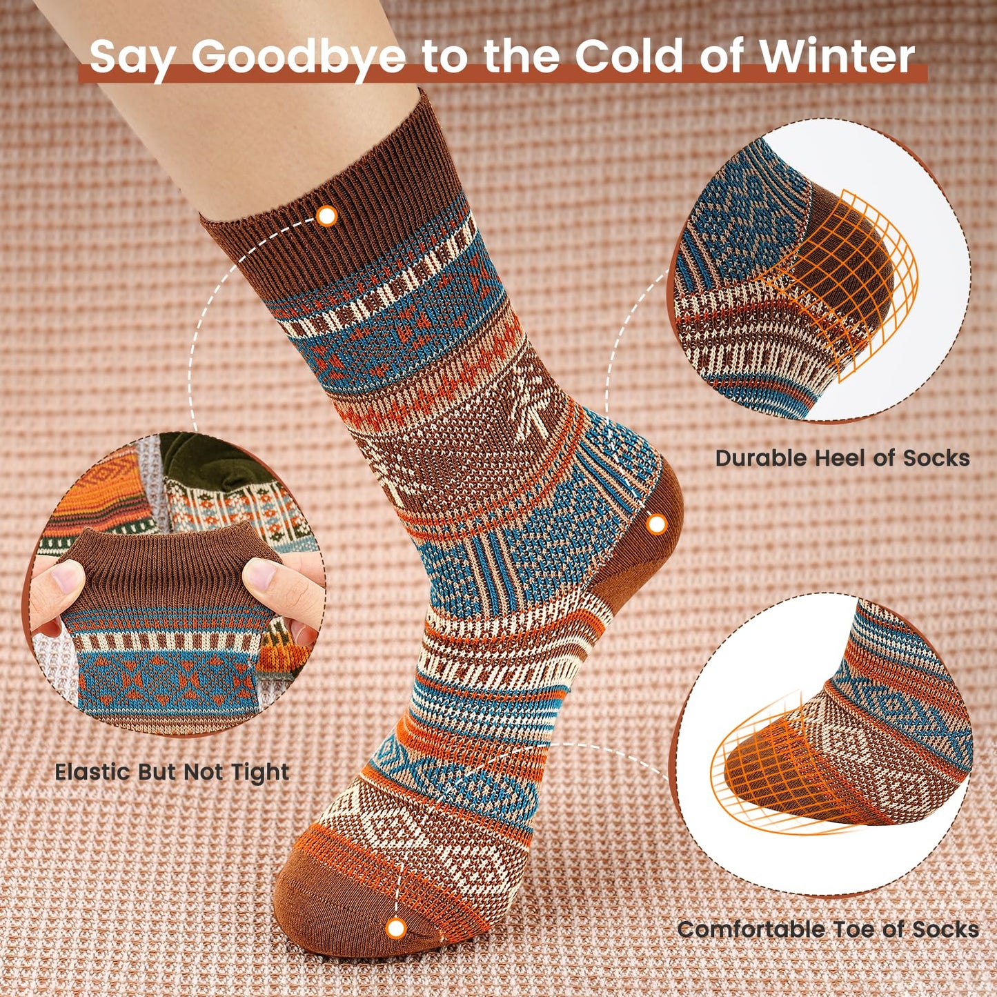 Luckit 6 Pack Wool Socks for Men Women, Warm Cotton Socks Winter Cabin Socks, Vintage Fall Patterned Socks Unisex Knit Socks (Maple leaf)