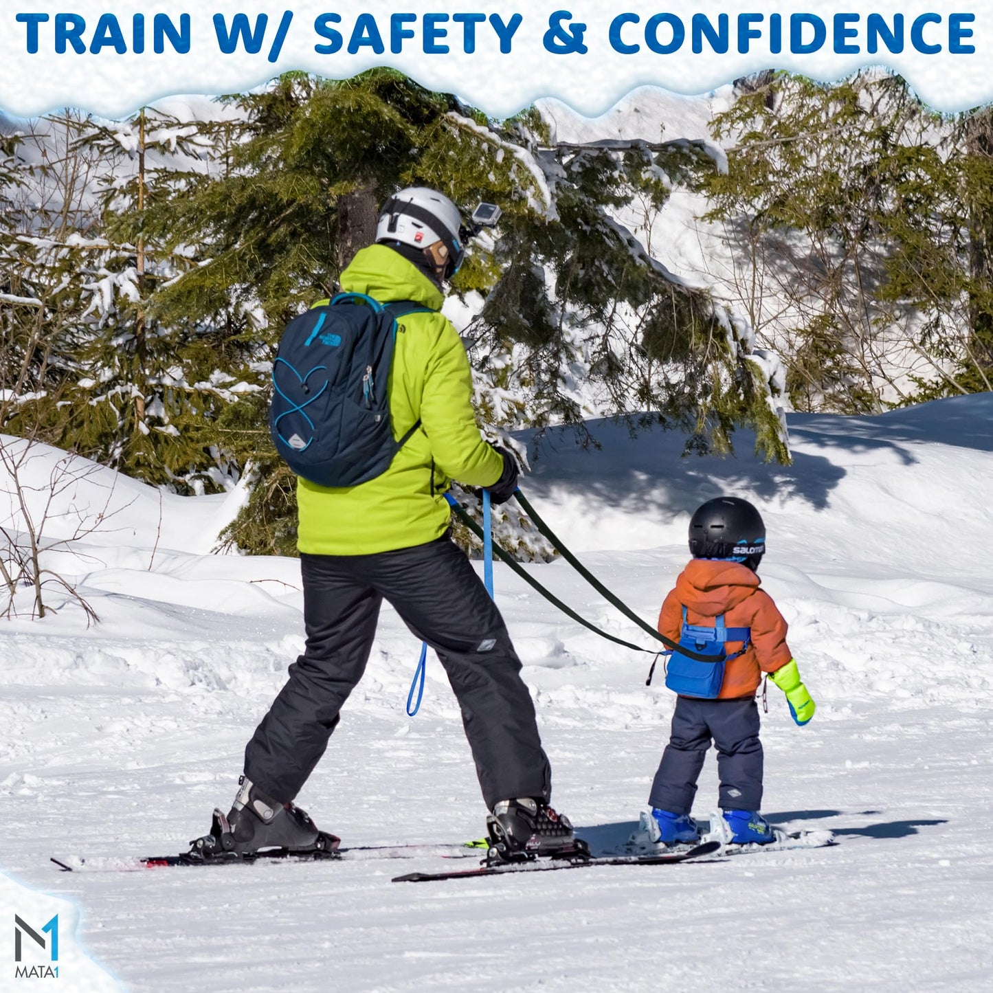 Mata1 Ski & Snowboard Training Harness for Kids - 2 Bungee Elastic Straps to Steer & Learn Speed Control - Ski Trainer Backpack w/Adjustable Shoulder Straps & Easy Lift-Handle for Toddlers