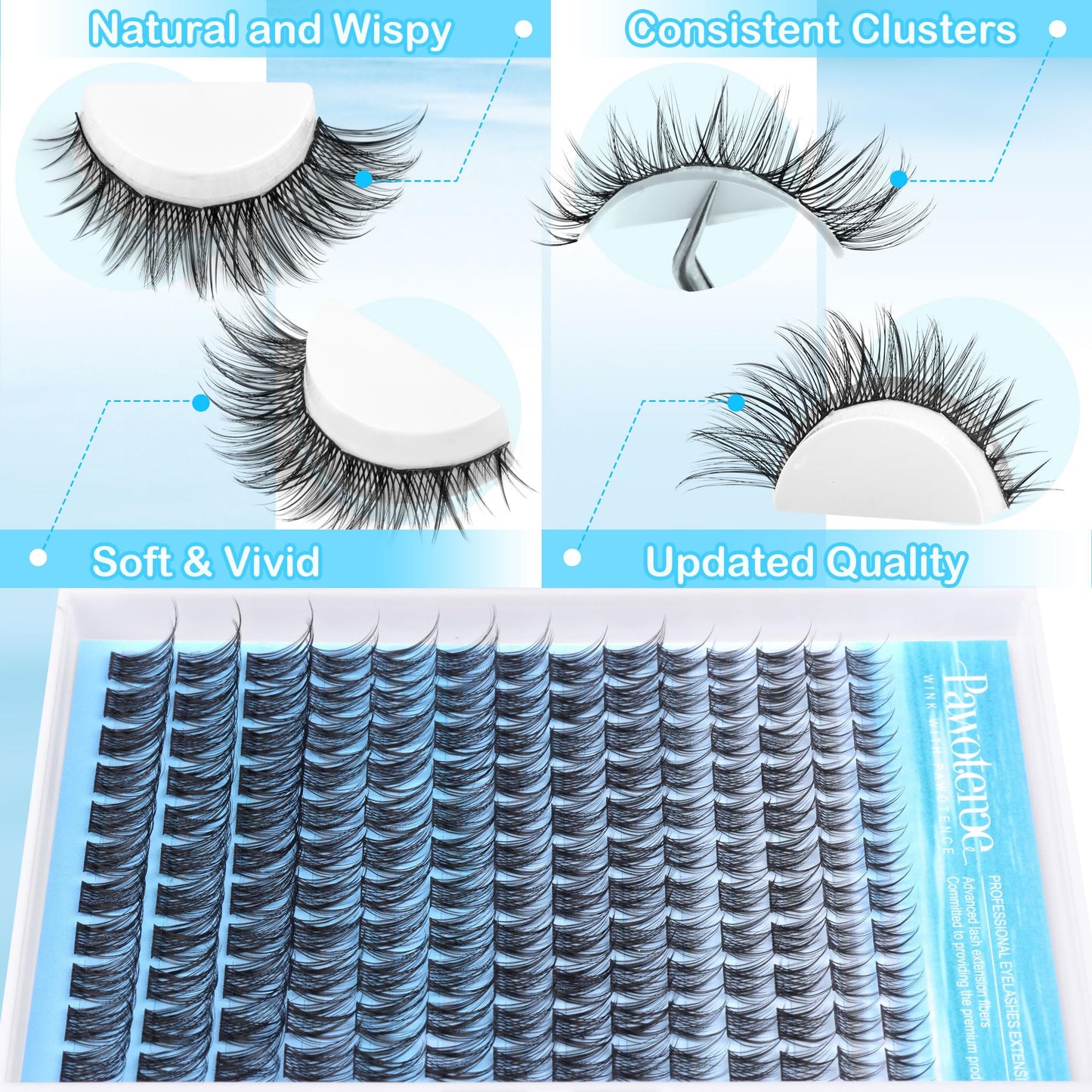 Pawotence Wispy Lash Clusters Natural Cluster Eyelash Extensions 154pcs Individual Lashes 8-16mm Lash Extension DIY False Eyelashes Soft Comfortable Natural Eyelash Clusters with Thin Band