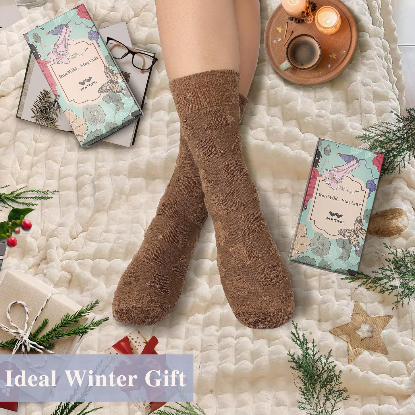 WARMVIN Winter Cozy Socks for Women Warm Thick Knit Boot Socks with Emboss Heart Pattern, Solid Pink 4 Pairs Pack Size 5-9