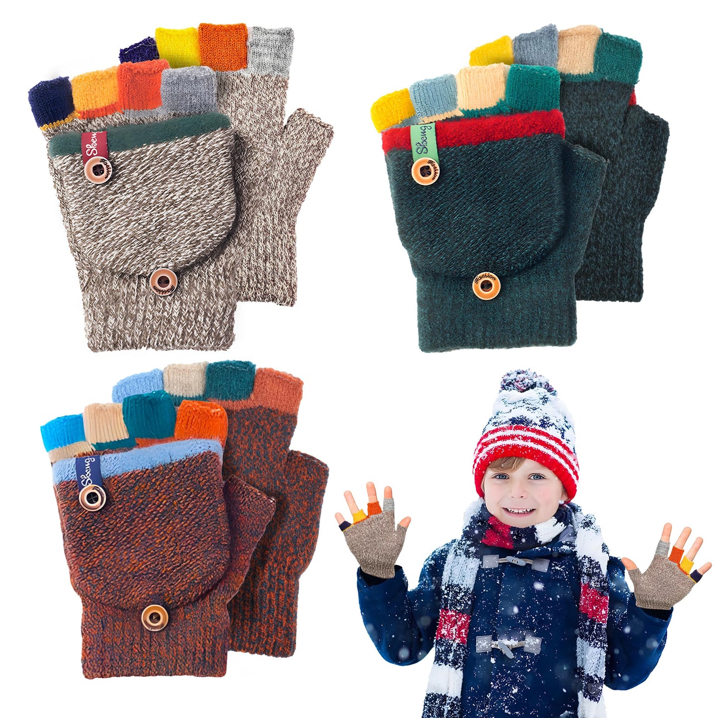 Kids Winter Gloves, Warm Knitted Convertible Fingerless Gloves for Baby Boy Girl with Mittens Cover Cap