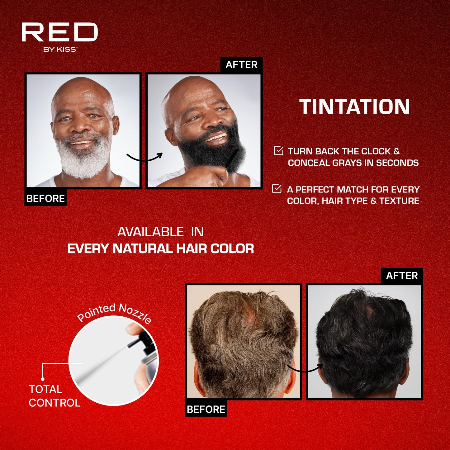 RED by Kiss Tintation Temporary Hair Color Spray, Extra Large Size, Instant Gray Root Cover Up, Water-Resistant, Smudge-Proof, Hairline & Barber Touch-Up, Quick Dry (Black, 11.5 OZ)