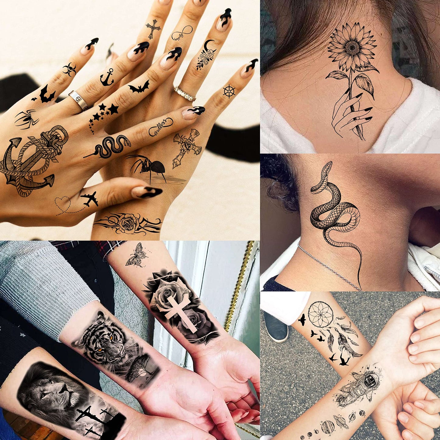 VANTATY 61 Sheets 3D Snake Flower Temporary Tattoos For Women Girls Neck Arm, 12 Sheets Realistic Floral Fake Tattoo Stickers Thigh, Waterproof Temp Transfer Tatoo Adults Rose Sunflower Butterfly