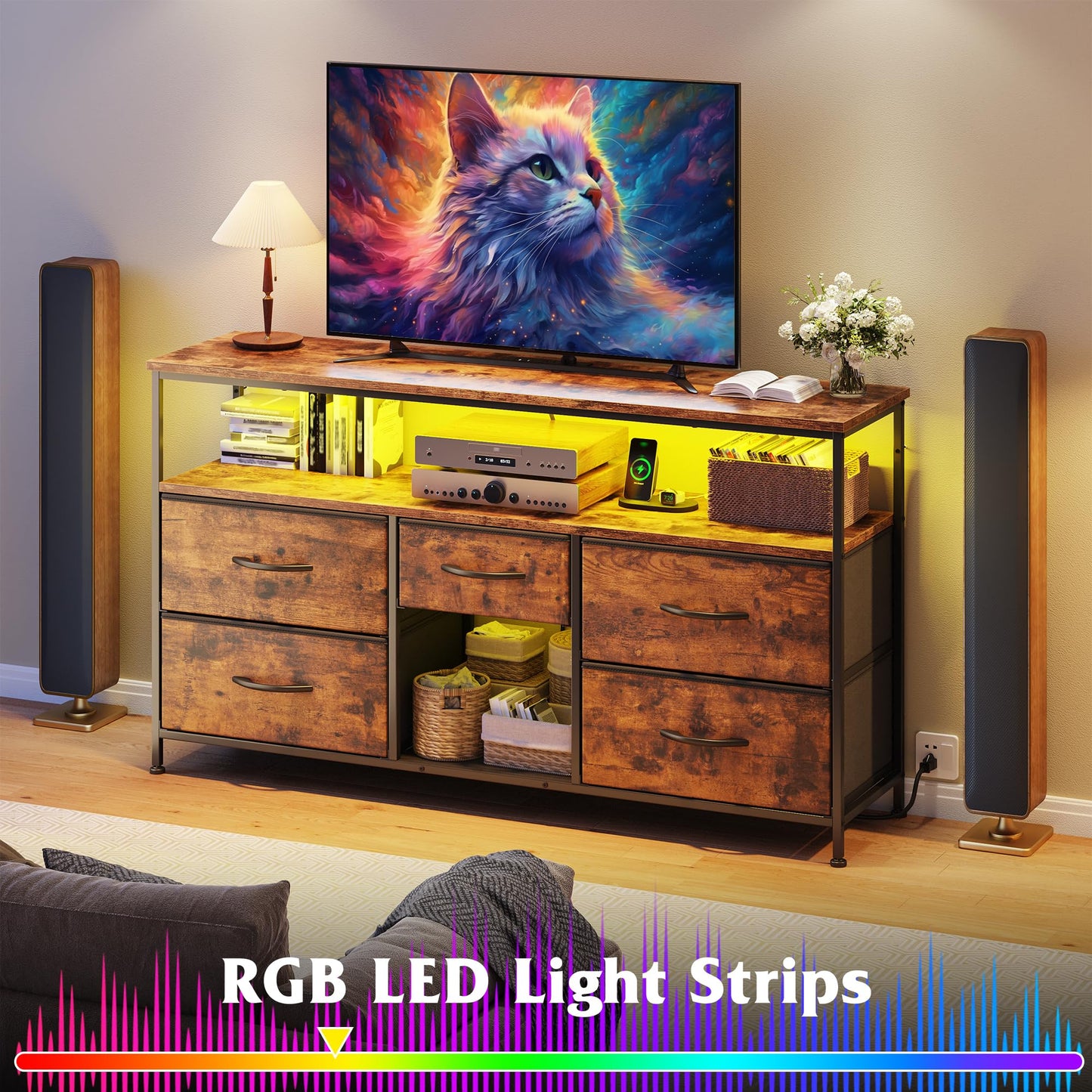 TV Stand Dresser with LED Lights & Power Outlets, Entertainment Center for 50" Inch TV, 5 Drawers TV Stand for Bedroom Dresser with Shelves for Living Room, Sturdy Metal Frame, Rustic Brown