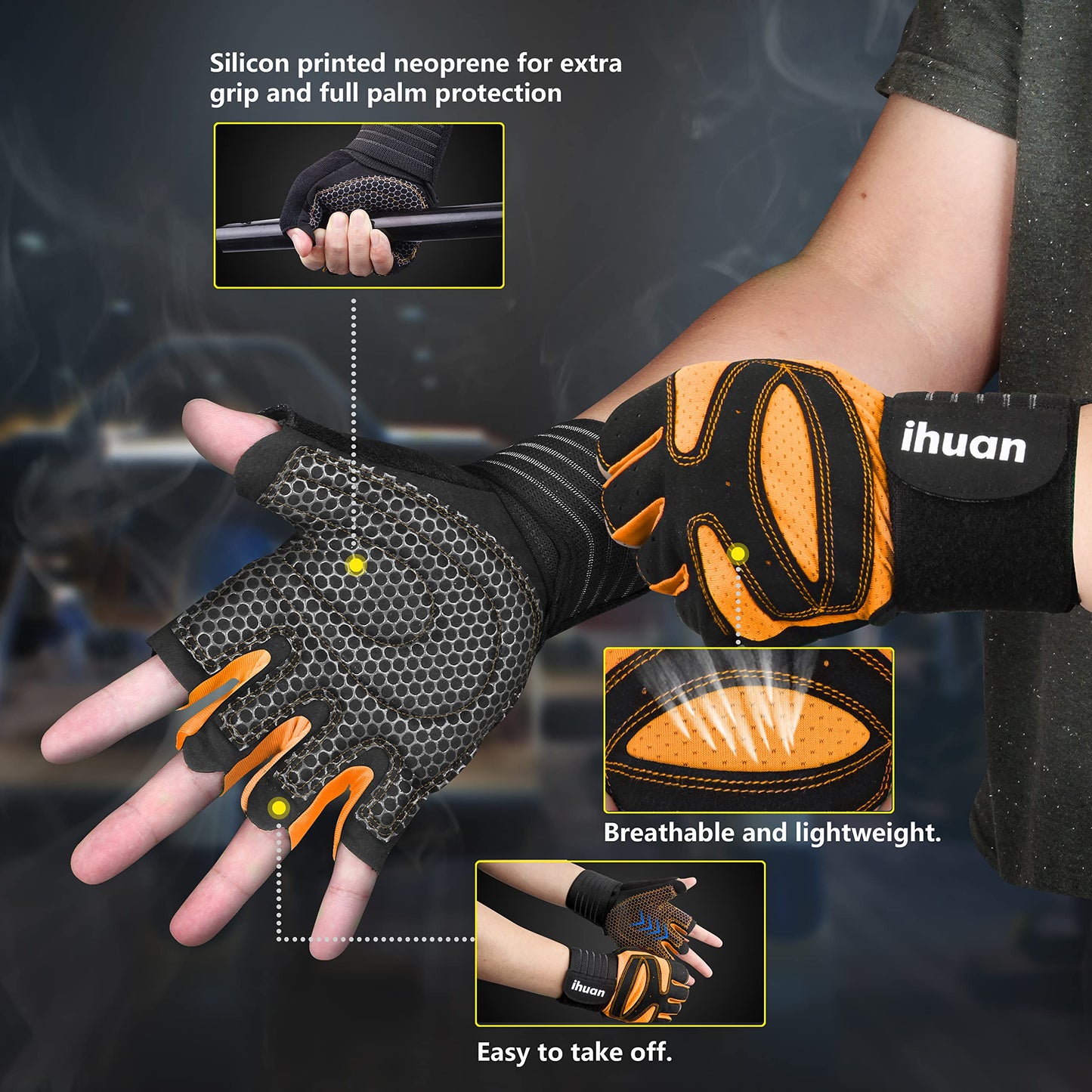 ihuan Ventilated Weight Lifting Gym Workout Gloves with Wrist Wrap Support for Men & Women, Full Palm Protection, for Weightlifting, Training, Climbing, Fitness, Hanging, Pull ups (Orange, XS)