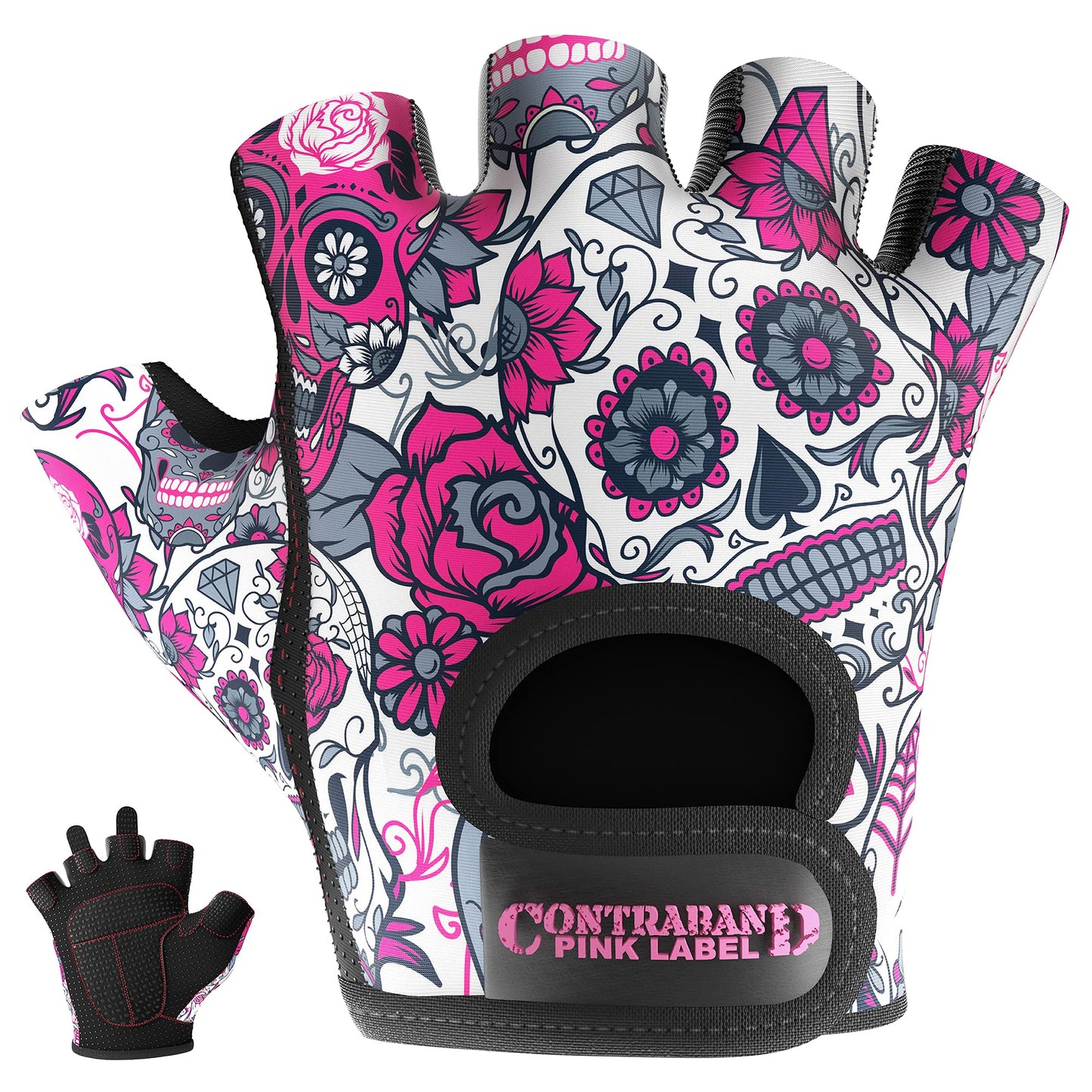 Contraband Pink Label 5237 Womens Designer Workout Gloves | Sugar Skull Print w/Grip-Lock™ Padding (Pink, X-Small)