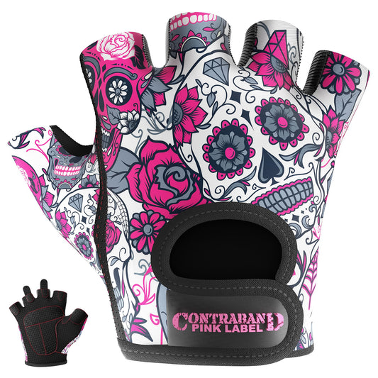 Contraband Pink Label 5237 Womens Designer Workout Gloves | Sugar Skull Print w/Grip-Lock™ Padding (Pink, X-Small)