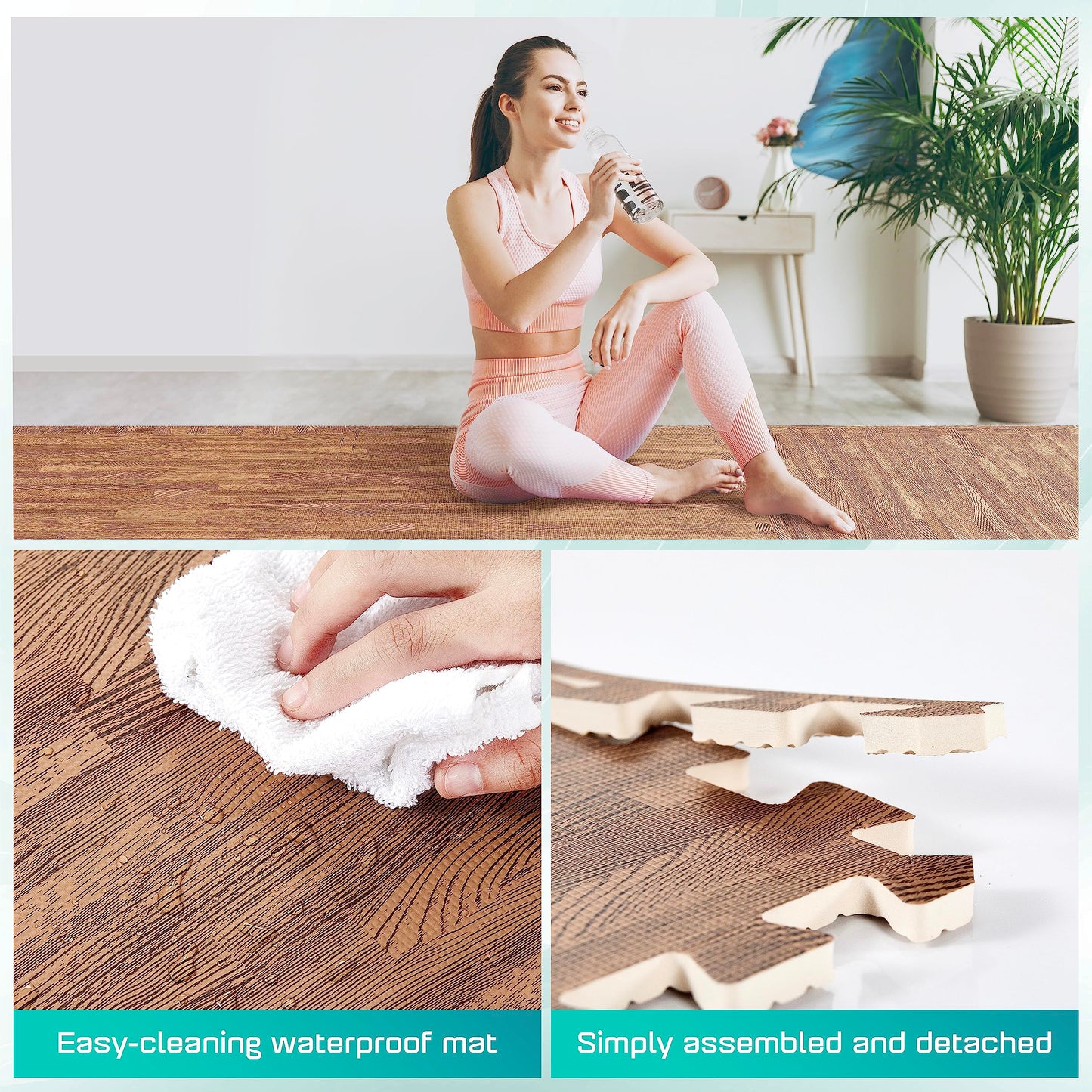 Yes4All 12SQ.FT Wood Grain Puzzle Exercise Mat Protective Flooring, EVA Interlocking Foam Floor Tiles with Border for Home