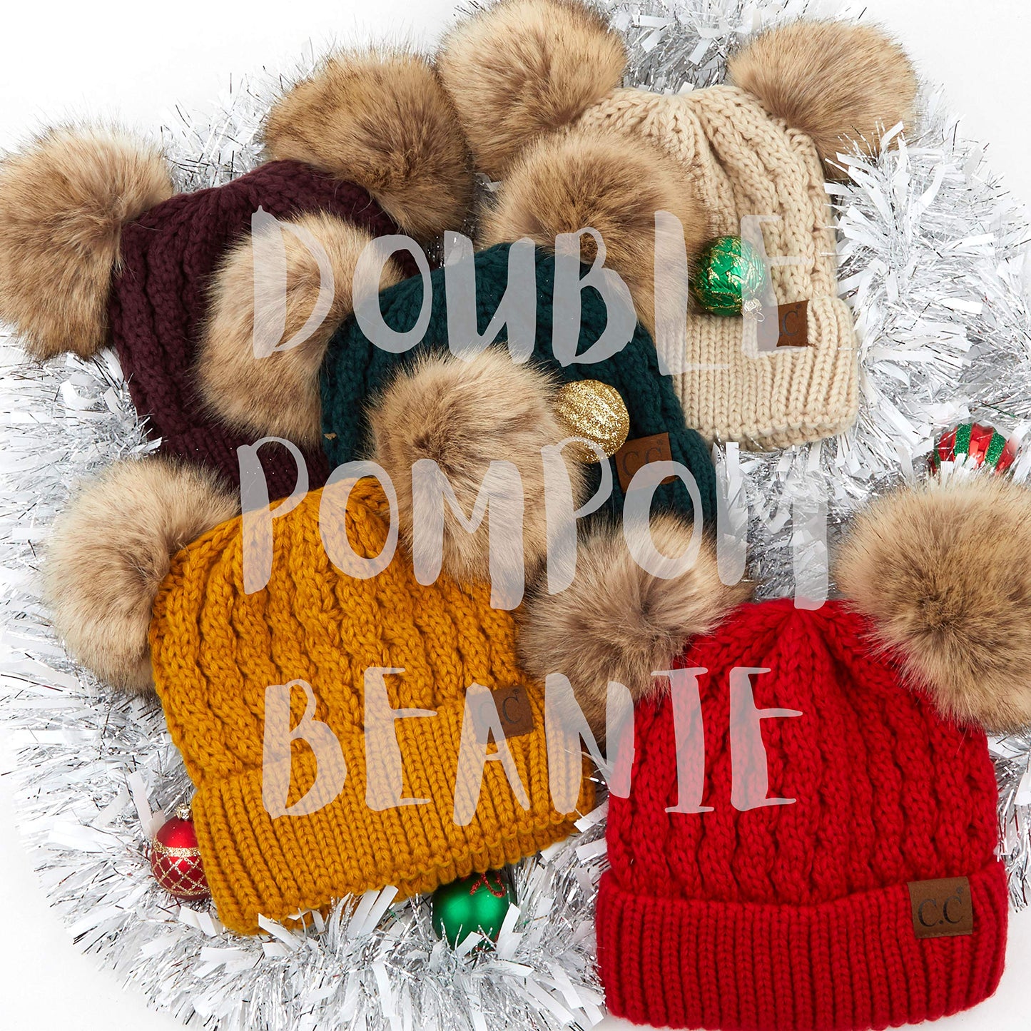 C.C Hatsandscarf Exclusives Natural Double Pom Pom Cable Knit Winter Beanie (HAT-2055) (Deep Pine-Natural Pom)