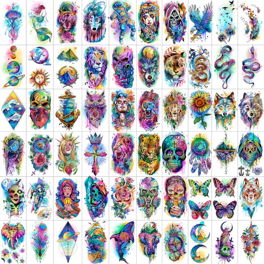 60 Sheets 3D Watercolor Temporary Tattoos For Women Men Adults, Groovy Realistic Blue Eagle Dragon Fake Tattoo Stickers Body Arm, Wolf Tiger Lion Skull Moon Colorful Fake Tattoo Halloween Snake Anchor