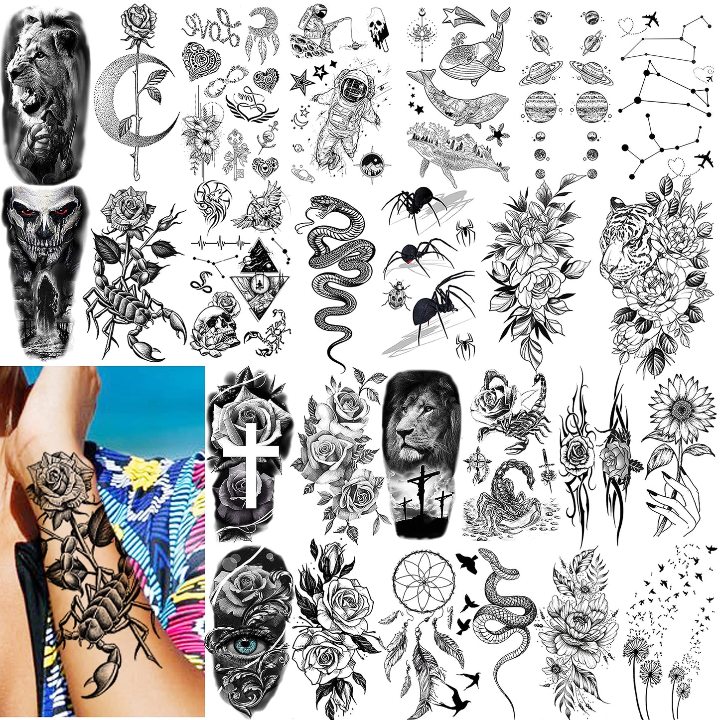 VANTATY 61 Sheets 3D Snake Flower Temporary Tattoos For Women Girls Neck Arm, 12 Sheets Realistic Floral Fake Tattoo Stickers Thigh, Waterproof Temp Transfer Tatoo Adults Rose Sunflower Butterfly
