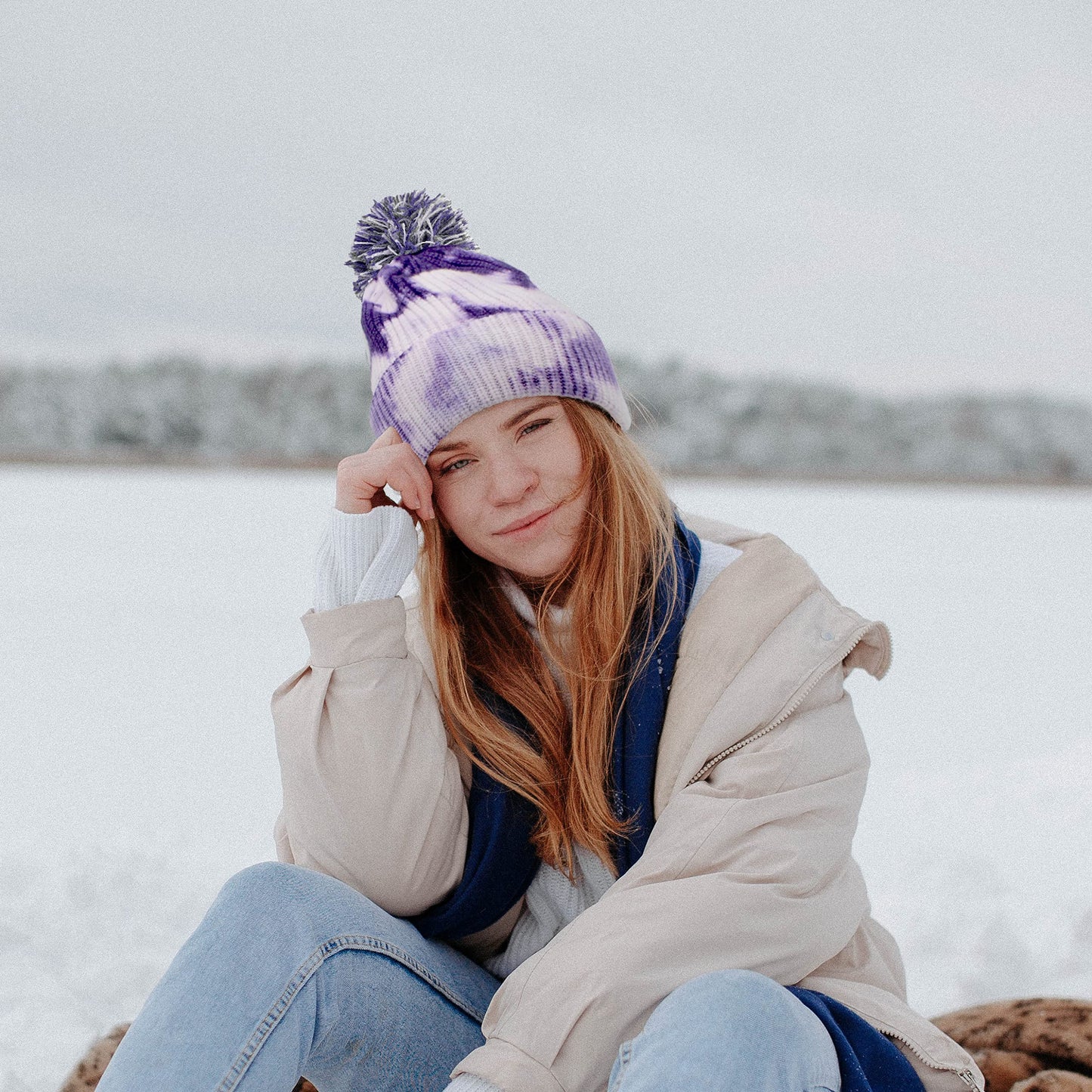 LARTIGUE Womens Tie Dye Knitted Beanie Hat Unisex Knit Skull Cap Soft Winter Warm Hat with Pom Black