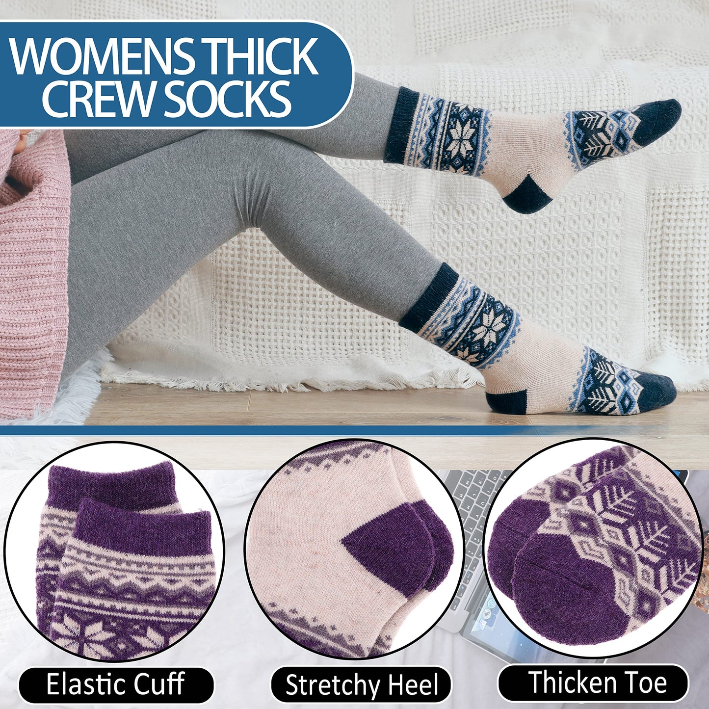 EBMORE Womens Wool Socks Thermal Hiking Winter Boot Warm Thick Cozy Crew Comfy Work Socks for Ladies 12 Pairs(Snowflake & Heart)