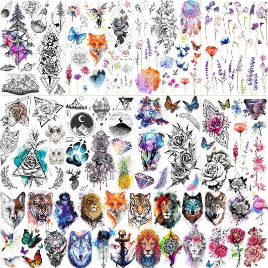 31 Sheets Watercolor Lavender Flower Temporary Tattoos For Women Arm Neck Clavicle, Water Color Small Rose Peony Floral Fake Tattoos For Adults, Geometric Butterfly Animals 3D Fox Cat Tatoos Set