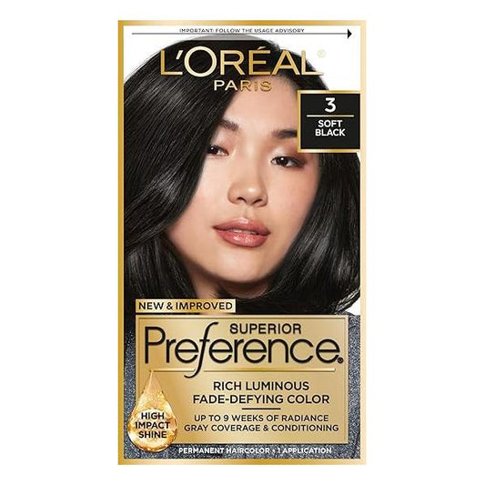L'Oréal Paris Superior Preference Luminous Fade-Defying Permanent Hair Color, Hair Dye For Up to 9 Weeks of Radiance, Soft Black 3, 1 Hair Dye Kit